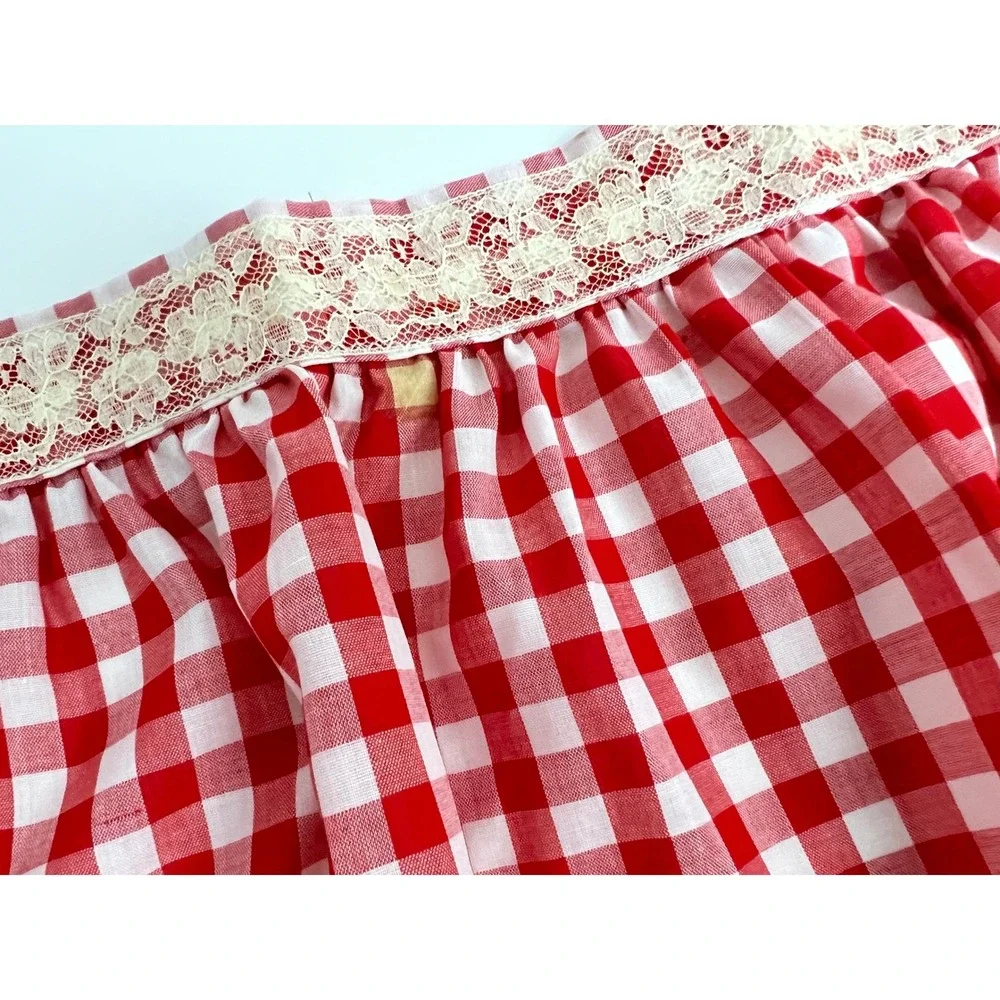 Vintage Red Gingham Half Apron Lace Trim Pocket Kitchen Cottagecore Handmade